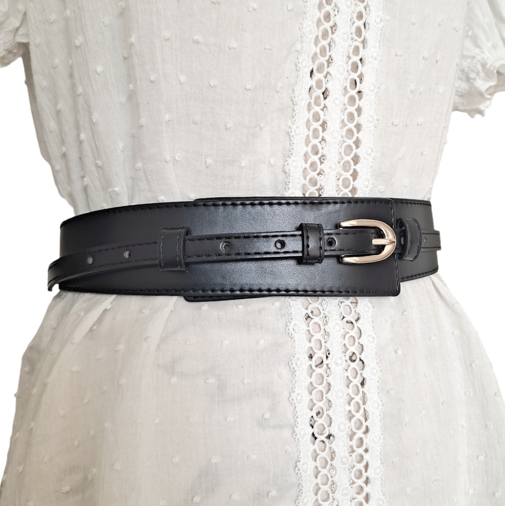 Skinny thick Black faux leather utility corset gold buckle dress wide waist belt - Picture 4 of 7